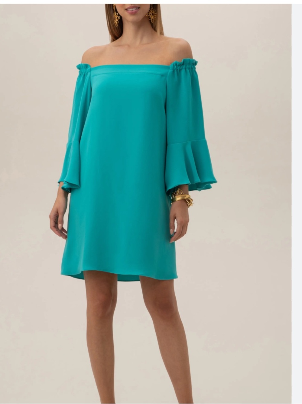 New! Trina Turk Turquoise Off-Shoulder Mini Dress